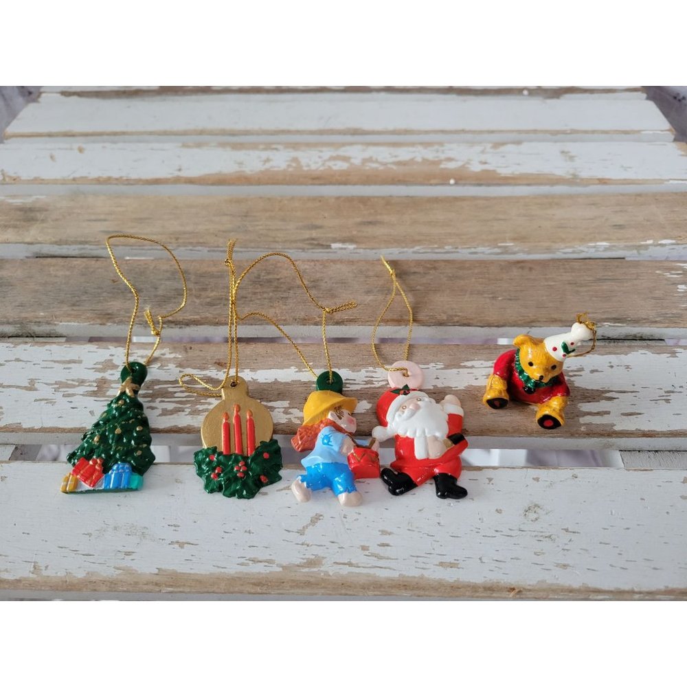 Vintage porcelain tree candle bear Santa boy drummer ornament set‎ mini 1984